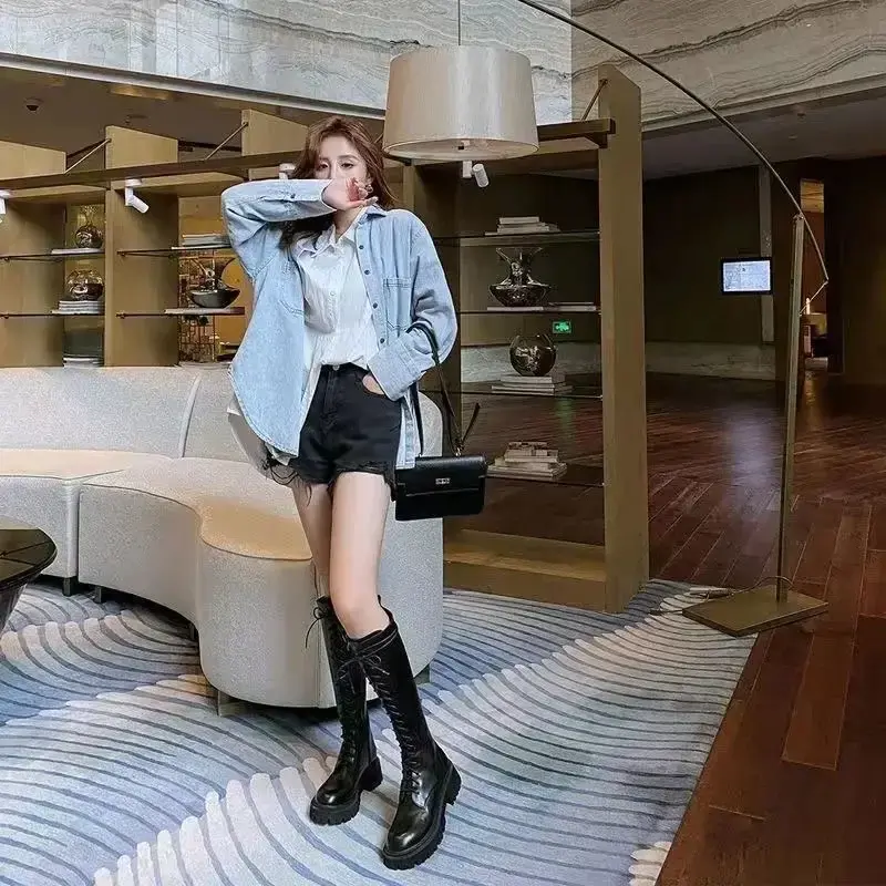 Winter Boots Women Knee High Boots Platform Pu Leather Increasing Long Female Lace Up Booties Mujer 2024 Zip Chelsea Women Shoes
