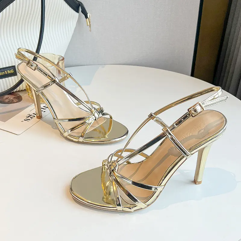 9cm Heel Shoes Sexy High Heels Thin Belt Gold Sandals Open Toe Strap Cross Sandalias Mujer Fashion Ladies Party Club Dress Shoes