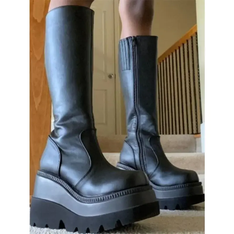 2023 New Fashion Platform Women Combat Winter Heels Quality Long Thigh High Zipper Knee High Boots Botas Mujer Platform Shoes