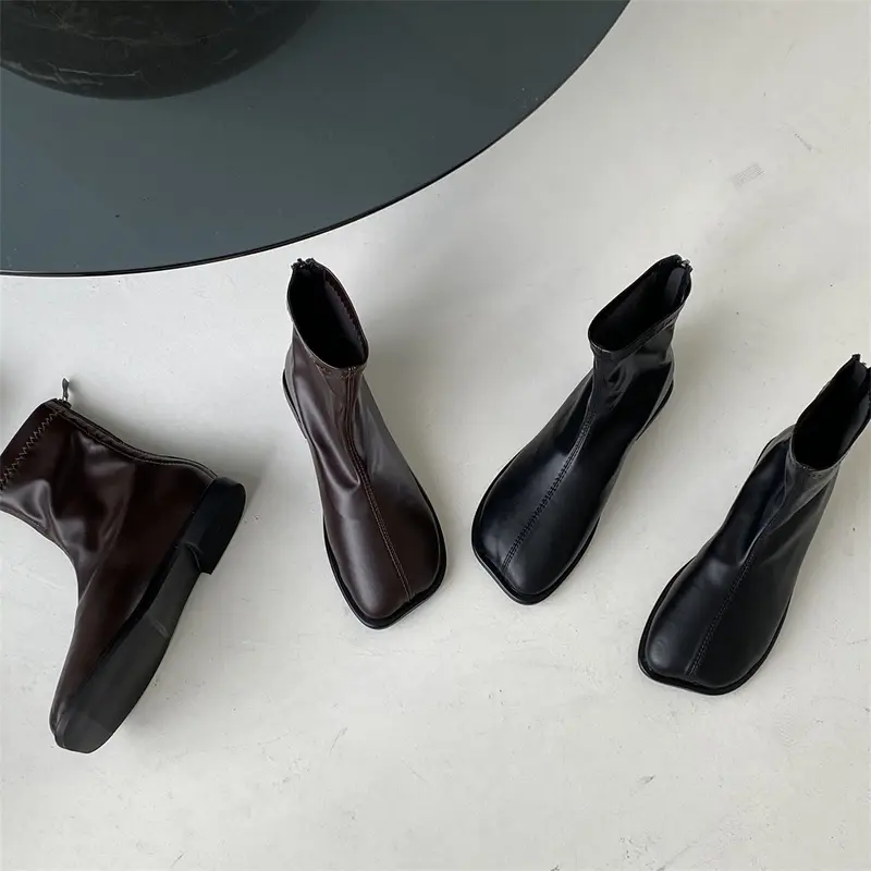 Rock Shoes Woman Autumn Boots Flat Heel Zipper Boots-Women Ladies Ankle Leather Rubber Low 2023 Fabric Square Toe Rome Basic Sol