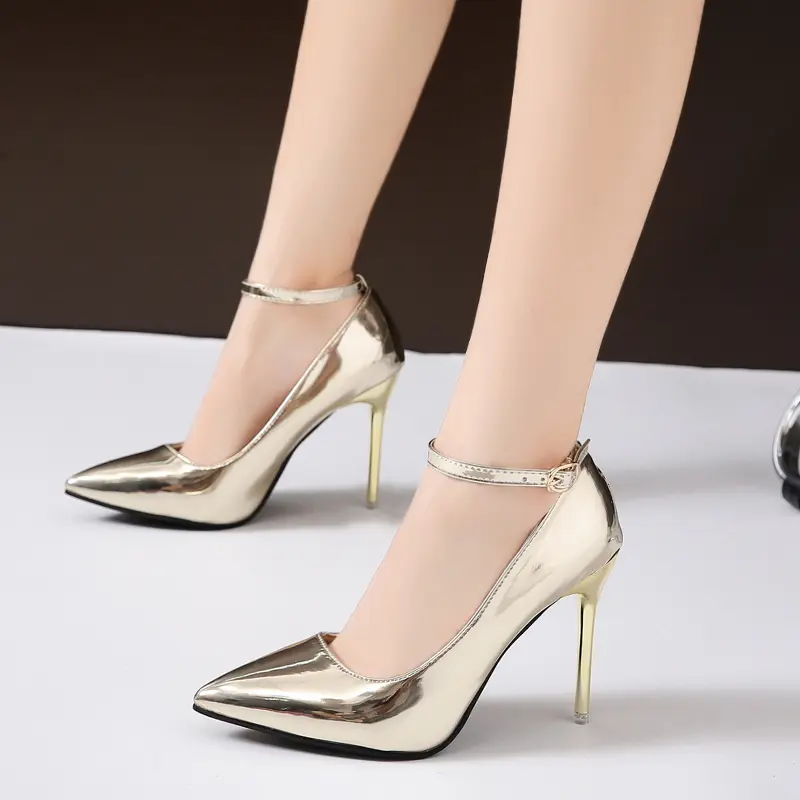 Plus Size 44 Women Thin High Heel Dress Shoes Woman Wedding Gold Silver Shoes Pointed Toe Ankle Buckle Sexy Pumps Work Shoe 11cm