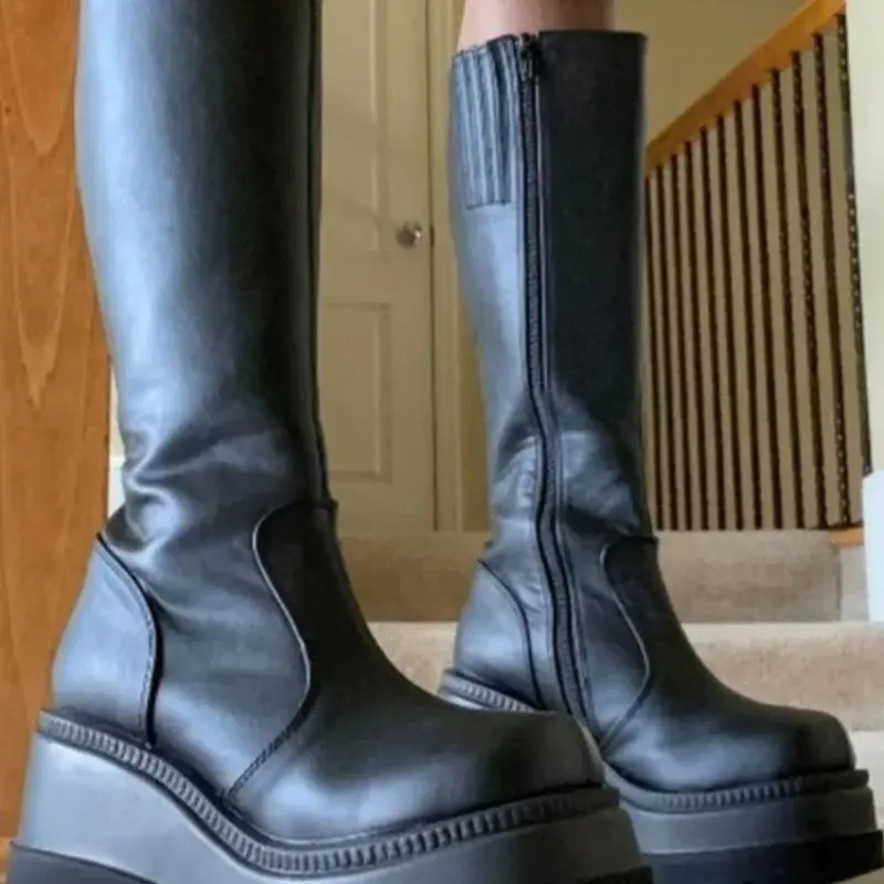 2023 New Fashion Platform Women Combat Winter Heels Quality Long Thigh High Zipper Knee High Boots Botas Mujer Platform Shoes