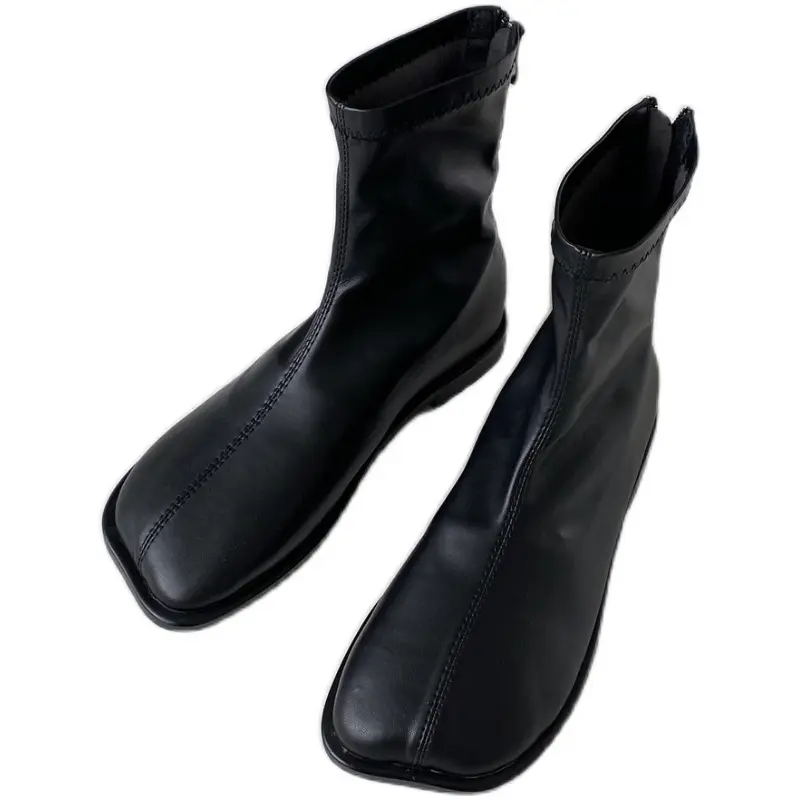 Rock Shoes Woman Autumn Boots Flat Heel Zipper Boots-Women Ladies Ankle Leather Rubber Low 2023 Fabric Square Toe Rome Basic Sol