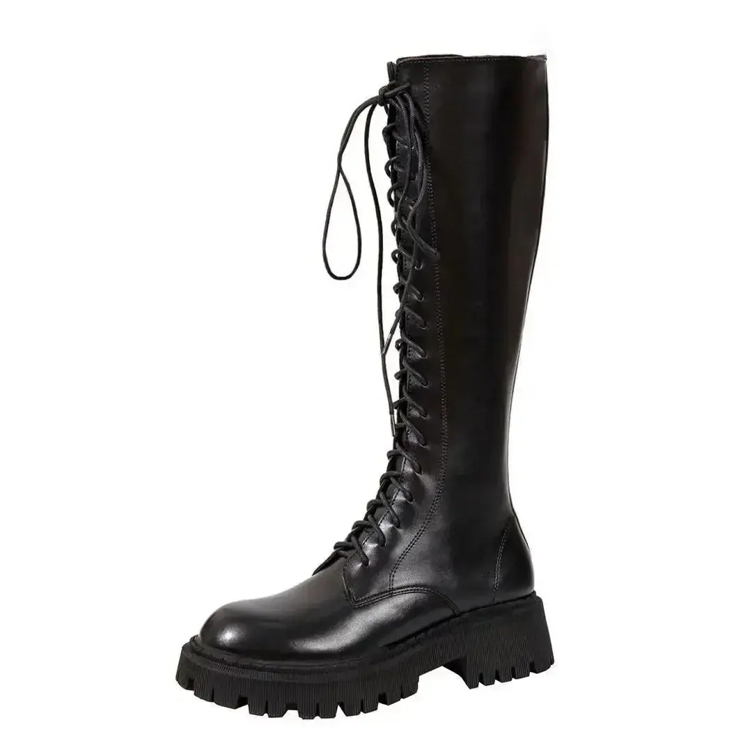 Winter Boots Women Knee High Boots Platform Pu Leather Increasing Long Female Lace Up Booties Mujer 2024 Zip Chelsea Women Shoes