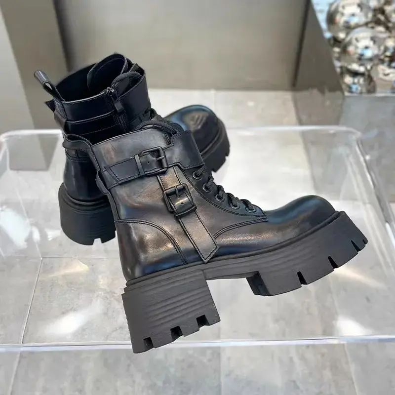 Black Punk Ankle Thick-soled Motorcycle Ankle Boots Women's Lace-up Spring Thick Heel Belt Buckle Pocket Designer Chunky Shoes