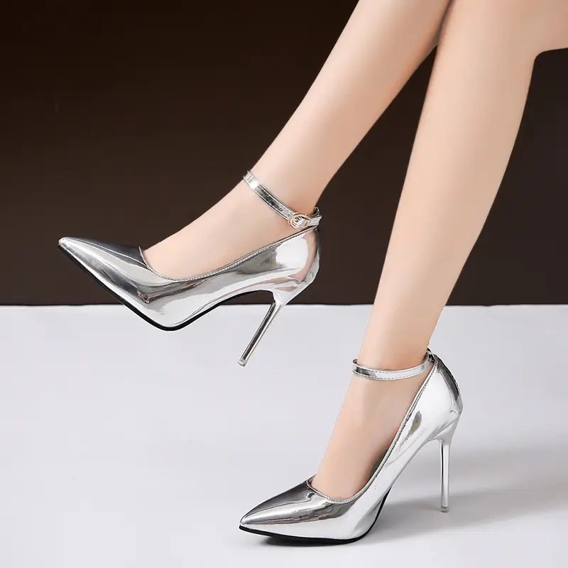 Plus Size 44 Women Thin High Heel Dress Shoes Woman Wedding Gold Silver Shoes Pointed Toe Ankle Buckle Sexy Pumps Work Shoe 11cm