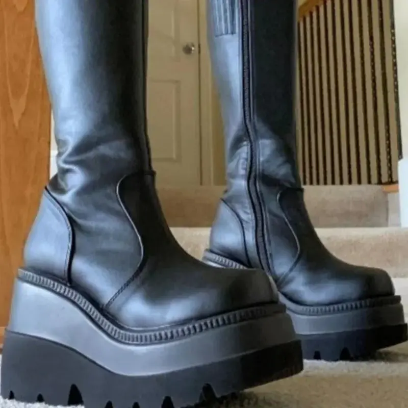 2023 New Fashion Platform Women Combat Winter Heels Quality Long Thigh High Zipper Knee High Boots Botas Mujer Platform Shoes