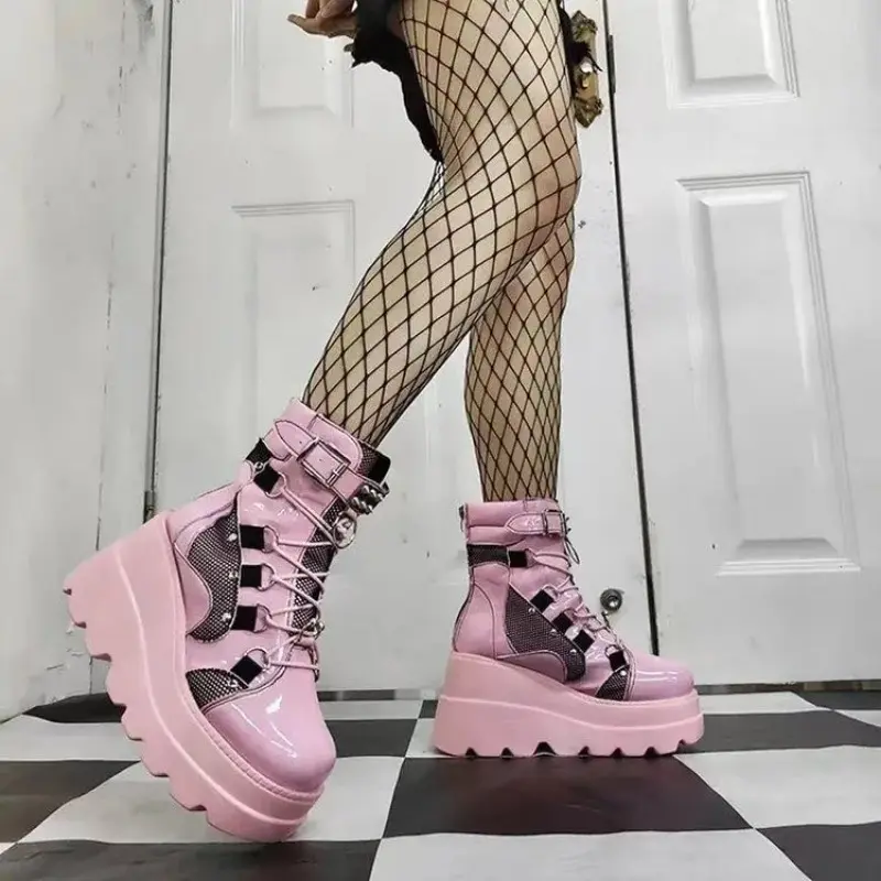 New Women Punk Gothic Motorcycle Boots 2023 Platform Chunky High Heel Ankle Boot Ladies Cool Wedge Woman Black Female Shoes
