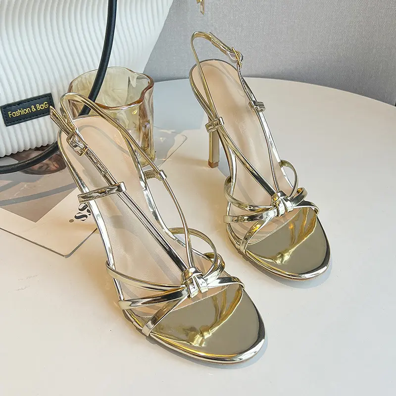9cm Heel Shoes Sexy High Heels Thin Belt Gold Sandals Open Toe Strap Cross Sandalias Mujer Fashion Ladies Party Club Dress Shoes