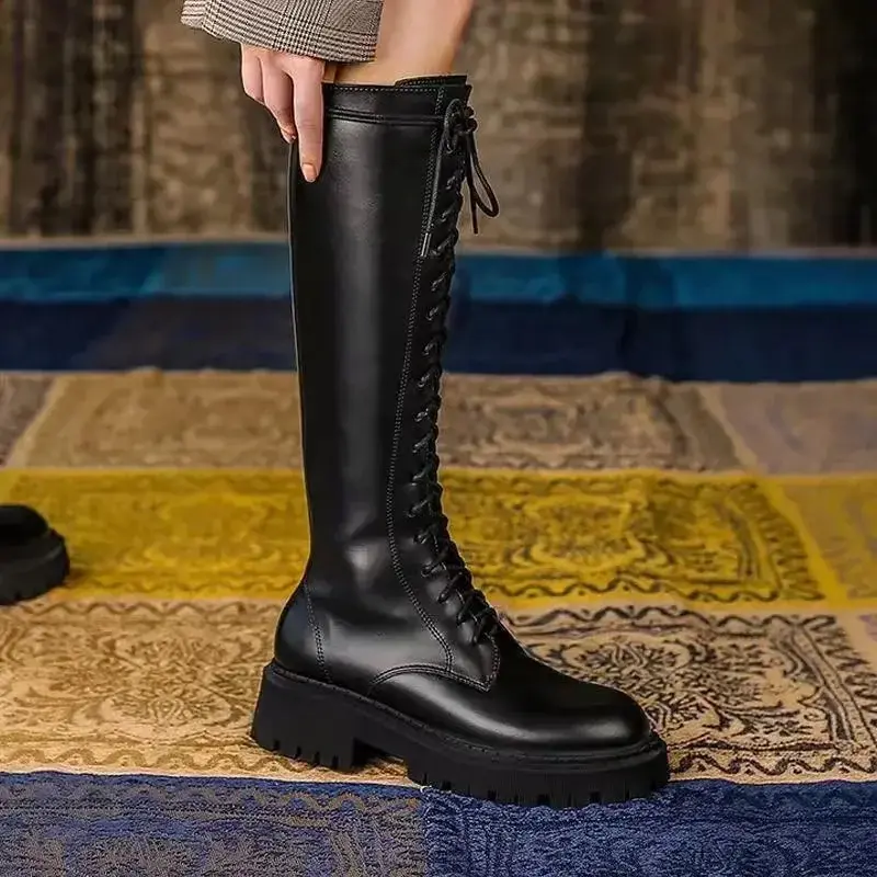 Winter Boots Women Knee High Boots Platform Pu Leather Increasing Long Female Lace Up Booties Mujer 2024 Zip Chelsea Women Shoes