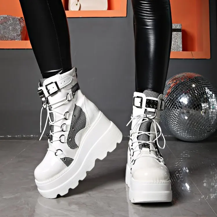 New Women Punk Gothic Motorcycle Boots 2023 Platform Chunky High Heel Ankle Boot Ladies Cool Wedge Woman Black Female Shoes