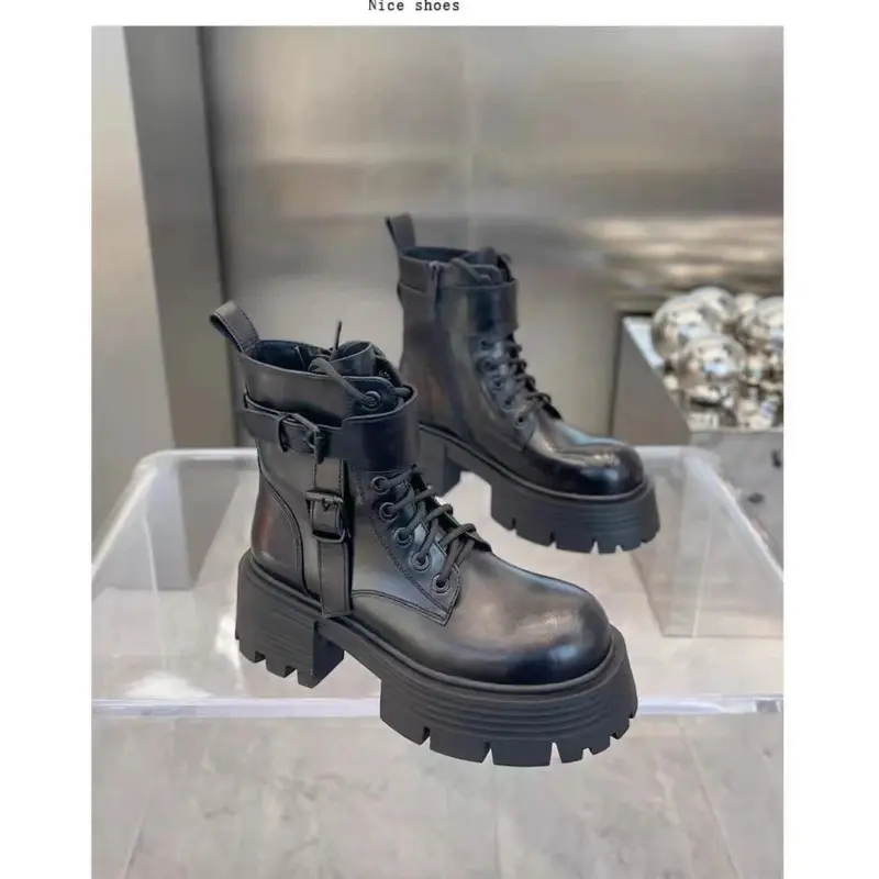 Black Punk Ankle Thick-soled Motorcycle Ankle Boots Women's Lace-up Spring Thick Heel Belt Buckle Pocket Designer Chunky Shoes