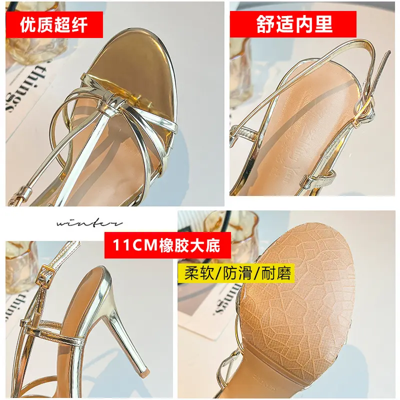 9cm Heel Shoes Sexy High Heels Thin Belt Gold Sandals Open Toe Strap Cross Sandalias Mujer Fashion Ladies Party Club Dress Shoes