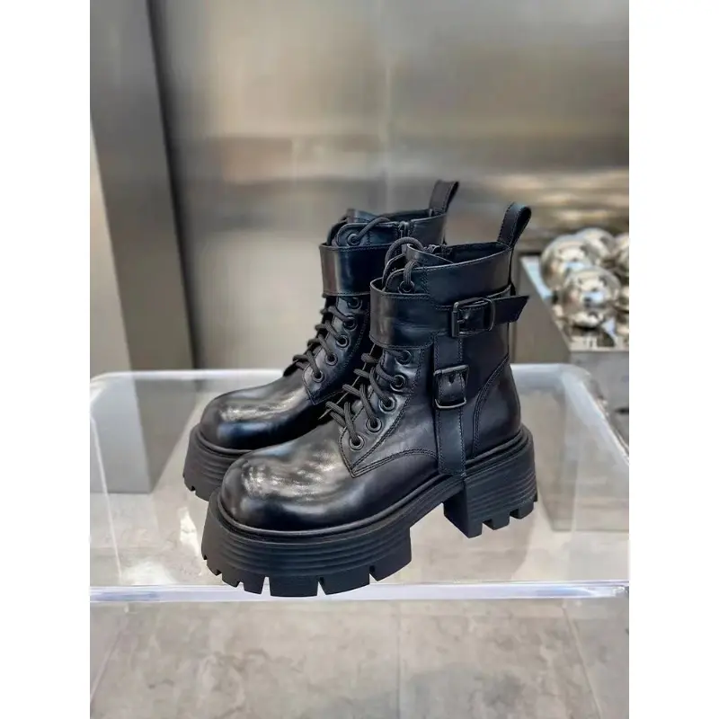 Black Punk Ankle Thick-soled Motorcycle Ankle Boots Women's Lace-up Spring Thick Heel Belt Buckle Pocket Designer Chunky Shoes
