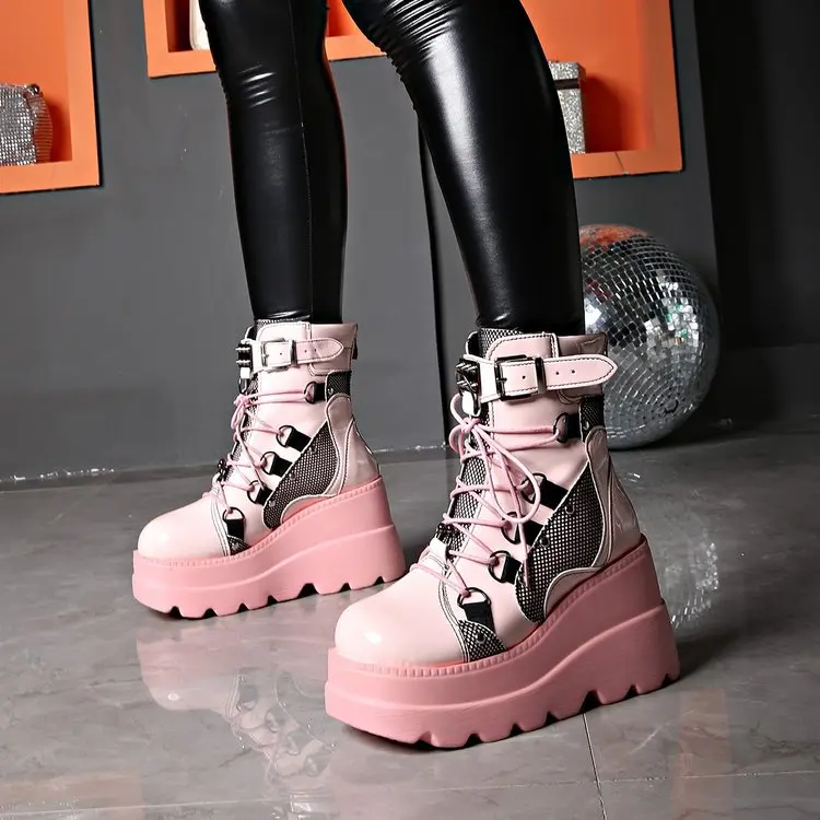 New Women Punk Gothic Motorcycle Boots 2023 Platform Chunky High Heel Ankle Boot Ladies Cool Wedge Woman Black Female Shoes
