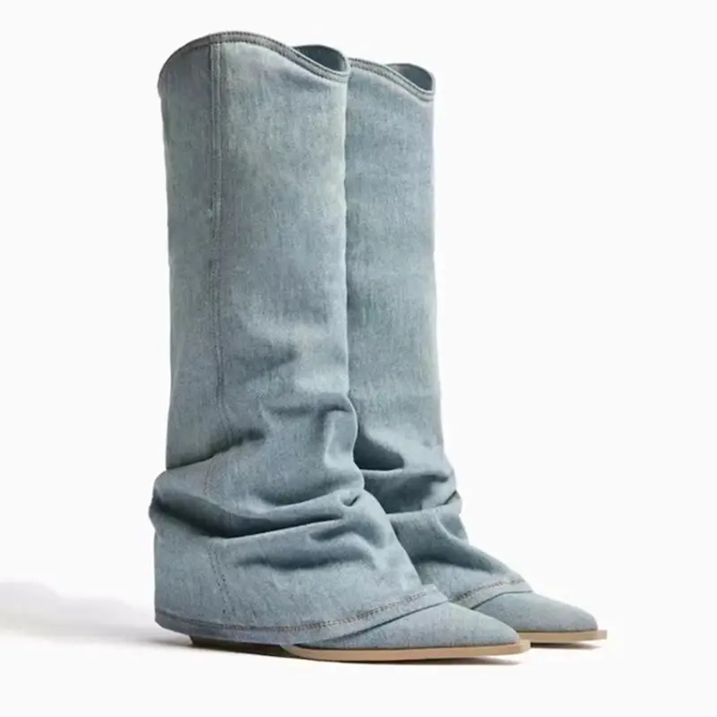 Pleats Blue Denim Thigh High Boots for Women 2023 Autumn Thick Heeled Pointed Toe Cowboy Boots Woman Slip On Western Long Boots