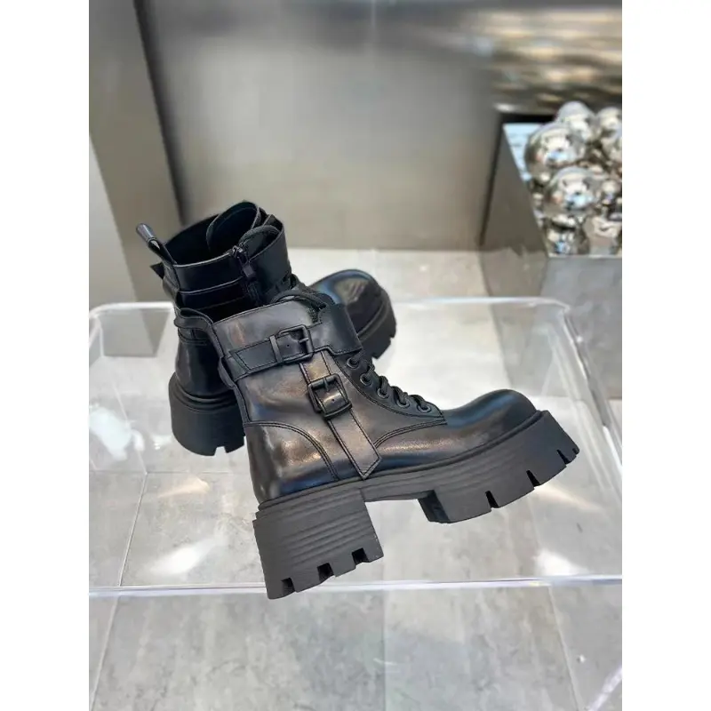 Black Punk Ankle Thick-soled Motorcycle Ankle Boots Women's Lace-up Spring Thick Heel Belt Buckle Pocket Designer Chunky Shoes