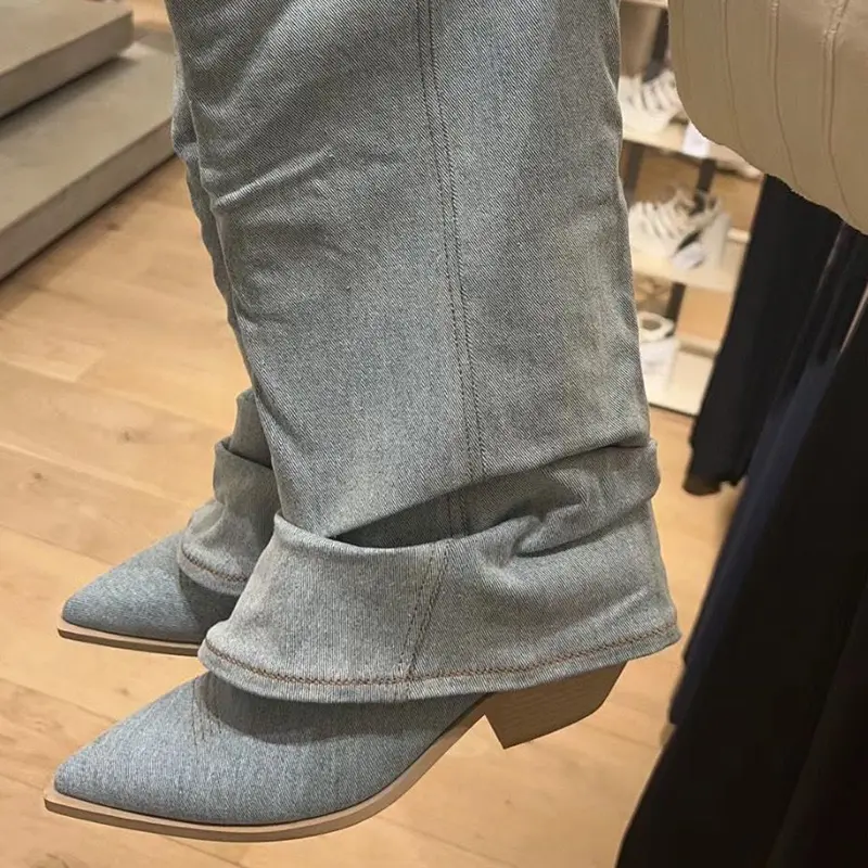Pleats Blue Denim Thigh High Boots for Women 2023 Autumn Thick Heeled Pointed Toe Cowboy Boots Woman Slip On Western Long Boots