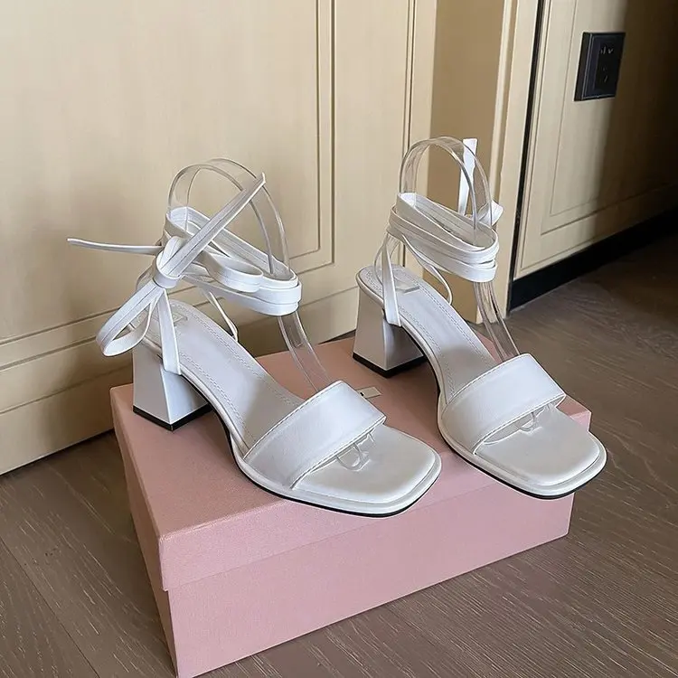 2024 Summer New Lace-up High Heels Fashion Outside Square Toe Sexy Sandals for Women Fashion All-match Cross-tied Solid Elegant