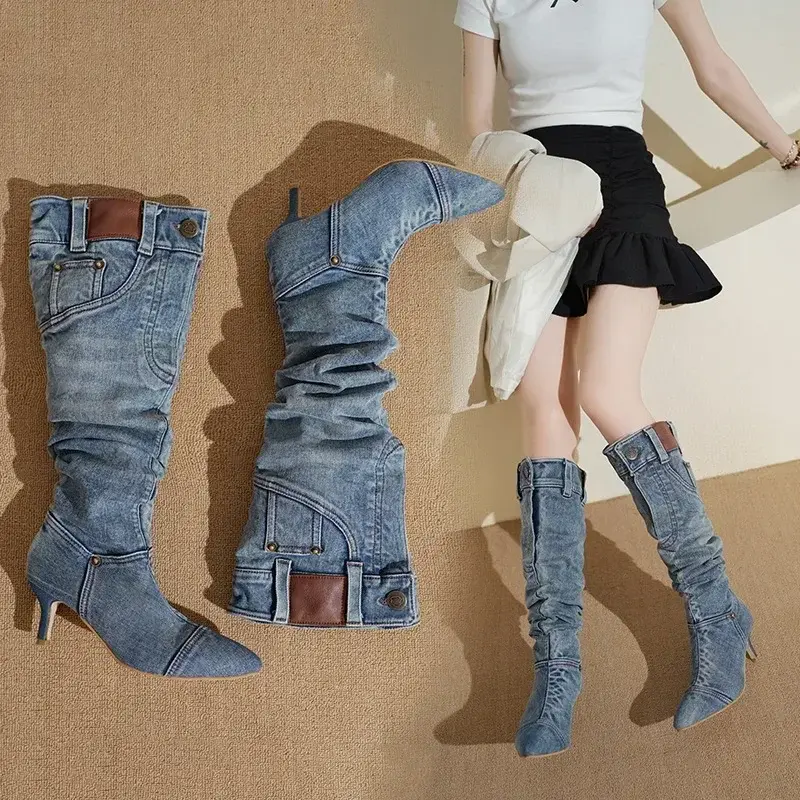 Woman Pointed Toe Knight Boots Women Retro Brown PU Leather Knee High Boots Woman Autumn Winter Western Cowboy Long Botas Mujer