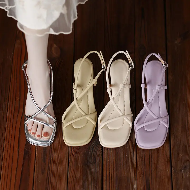 Taoffen Summer Concise Fashion Women Sandals Thin Heels Narrow Band Peep Toe Slingback Sandals Lightweight Cross-Tied Lady Shoes