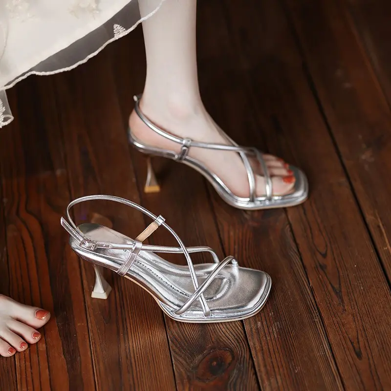 Taoffen Summer Concise Fashion Women Sandals Thin Heels Narrow Band Peep Toe Slingback Sandals Lightweight Cross-Tied Lady Shoes