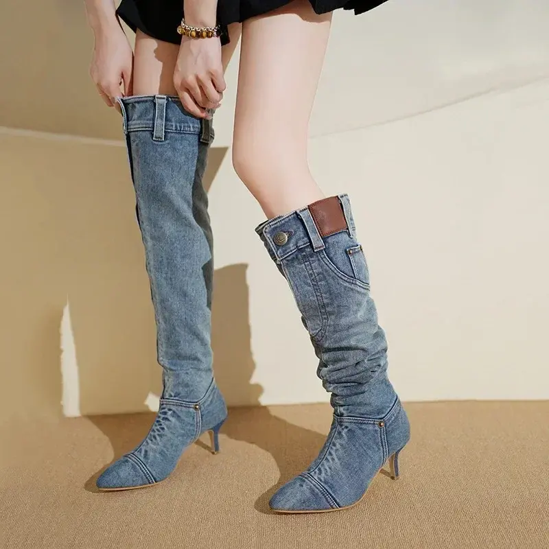 Woman Pointed Toe Knight Boots Women Retro Brown PU Leather Knee High Boots Woman Autumn Winter Western Cowboy Long Botas Mujer