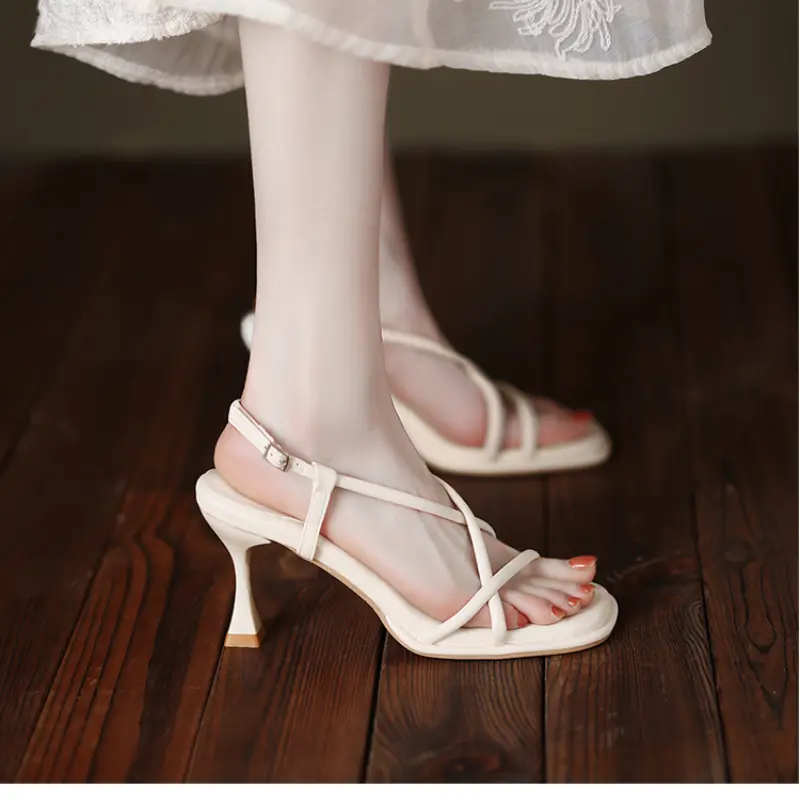 Taoffen Summer Concise Fashion Women Sandals Thin Heels Narrow Band Peep Toe Slingback Sandals Lightweight Cross-Tied Lady Shoes