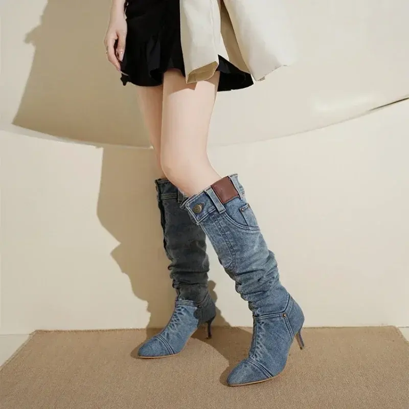 Woman Pointed Toe Knight Boots Women Retro Brown PU Leather Knee High Boots Woman Autumn Winter Western Cowboy Long Botas Mujer