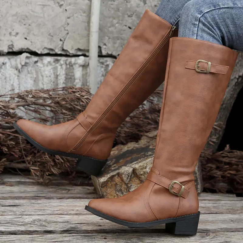 Women Knee High Boots Fashion Low Heels Square Platform Long Boots Brown Black Leather Zip Winter Women Warm Shoes Booties