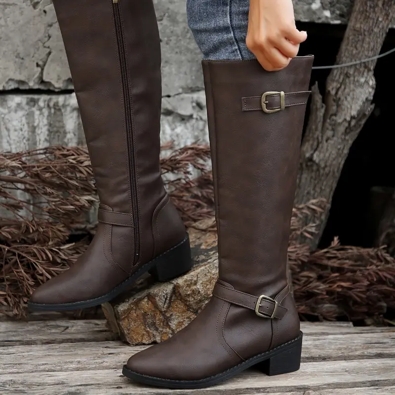 Women Knee High Boots Fashion Low Heels Square Platform Long Boots Brown Black Leather Zip Winter Women Warm Shoes Booties