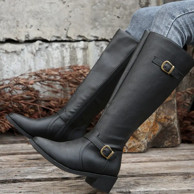 Women Knee High Boots Fashion Low Heels Square Platform Long Boots Brown Black Leather Zip Winter Women Warm Shoes Booties