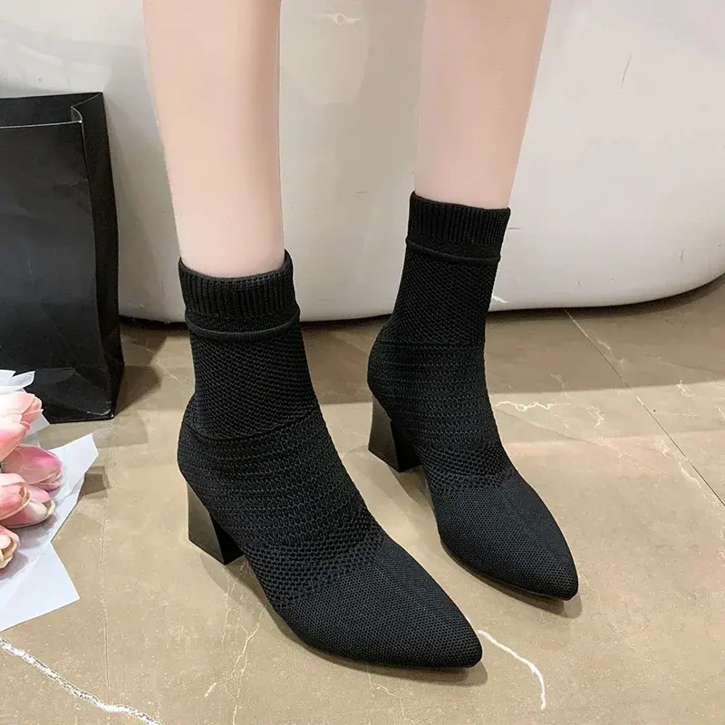 Woman Knitted Ankle Boots 2023 Autumn Winter Women‘s Casual Low Heel Pumps Ladies Outside Shoes Female Casual Chelsea Boots