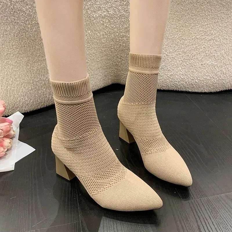 Woman Knitted Ankle Boots 2023 Autumn Winter Women‘s Casual Low Heel Pumps Ladies Outside Shoes Female Casual Chelsea Boots