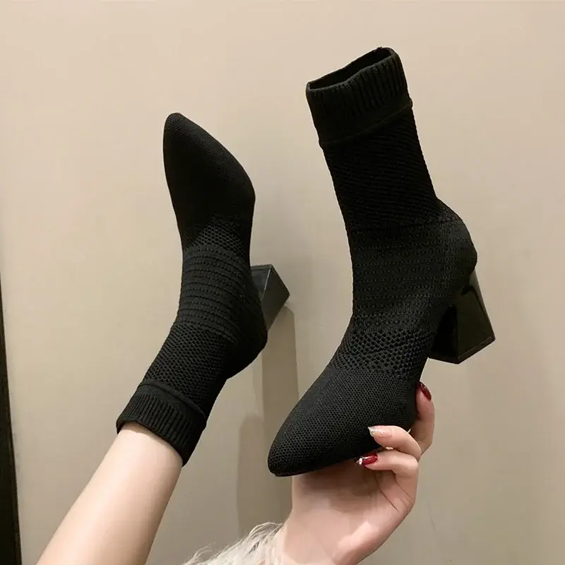 Woman Knitted Ankle Boots 2023 Autumn Winter Women‘s Casual Low Heel Pumps Ladies Outside Shoes Female Casual Chelsea Boots