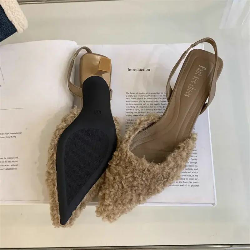 Fur Women High Heels Shoes Pointed Toe Fashion Sexy Slippers New Designer Party Dress Pumps Luxury Zapatillas Mujer