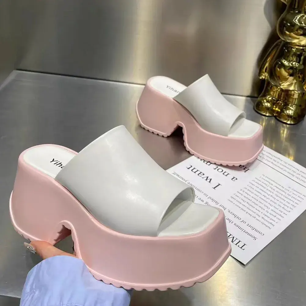 Punk Chunky Heels Mules Shoes Sandals For Women Rivet Platform Slide Sandals Open Toe Summer Street Goth Shoes Beach Shoes