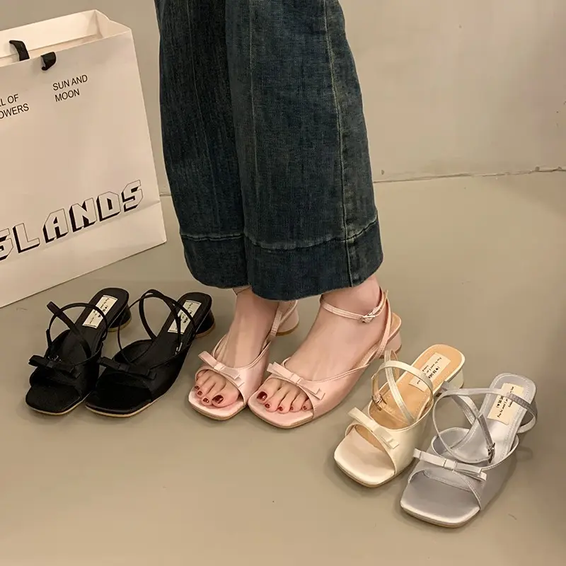 Women Slippers Summer Fashion Butterfly-knot Satin Women Slipper Slip On Ladies Sandal Thin High Heel Outdoor Dress Slides Shoes