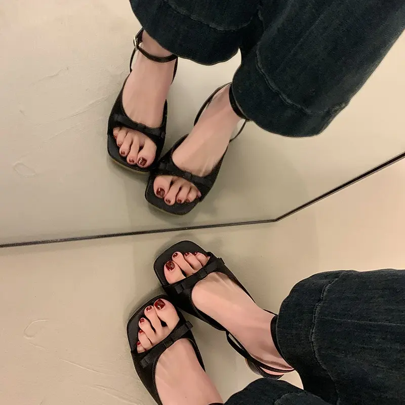 Women Slippers Summer Fashion Butterfly-knot Satin Women Slipper Slip On Ladies Sandal Thin High Heel Outdoor Dress Slides Shoes