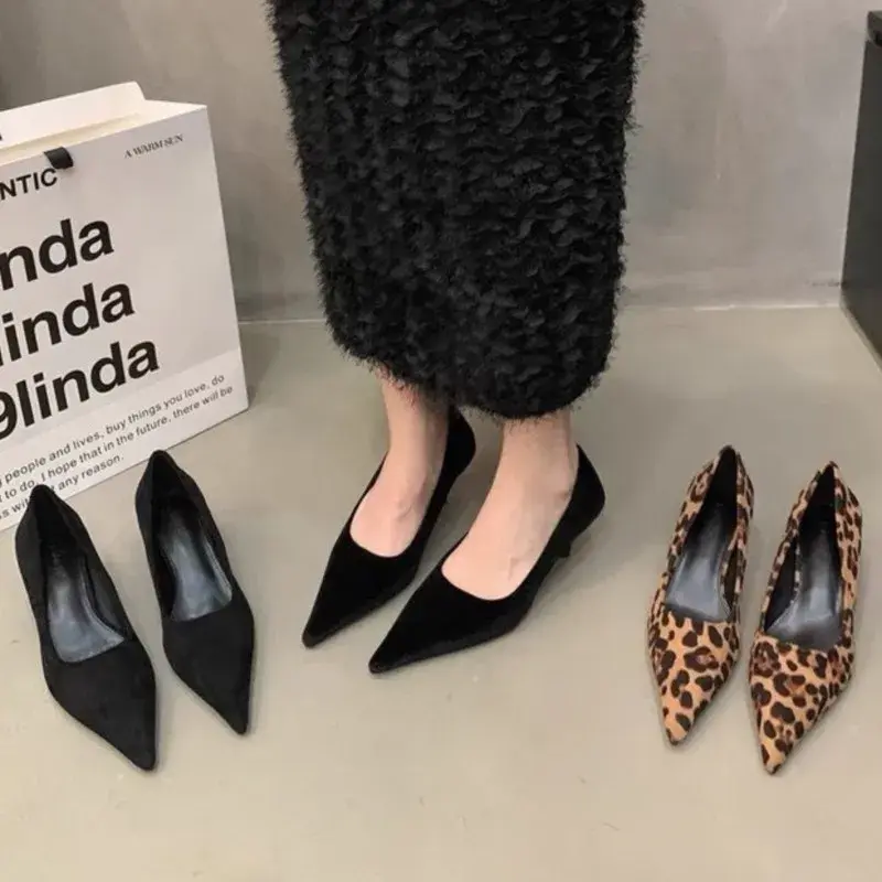 Women's Pumps Leopard Boat Shoes Pointed Toe Slip on Dress Shoes Black Faux Suede Mid Heels Stilettos Female Spring Autumn 1716C