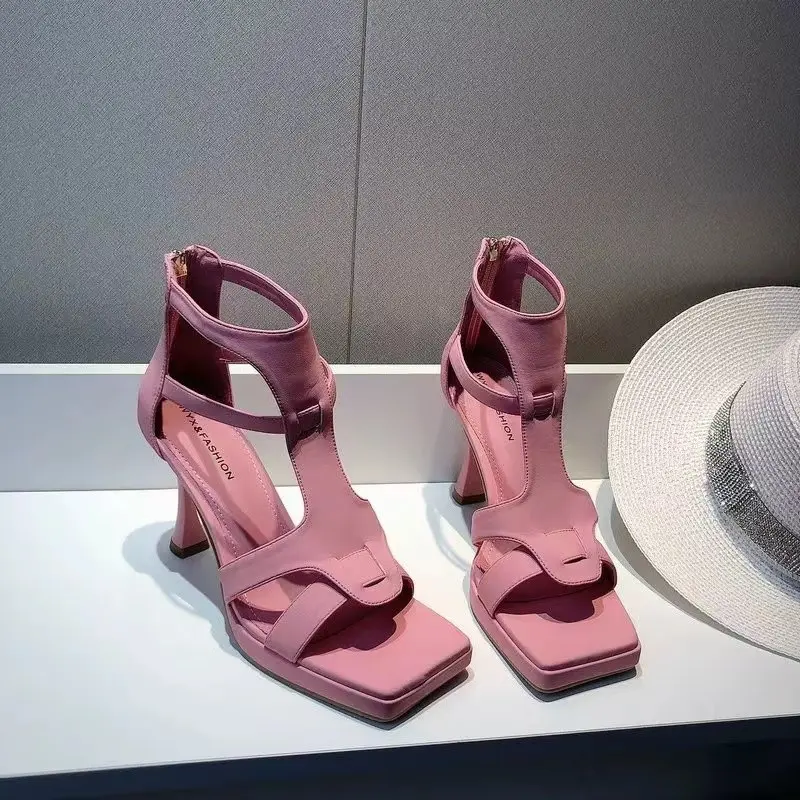 2024 Summer High Heels Women Sandals Square Toe Rome Shoes Sexy Retro Slippers Fashion Open Toe Flip Flops Mujer Slides Pumps