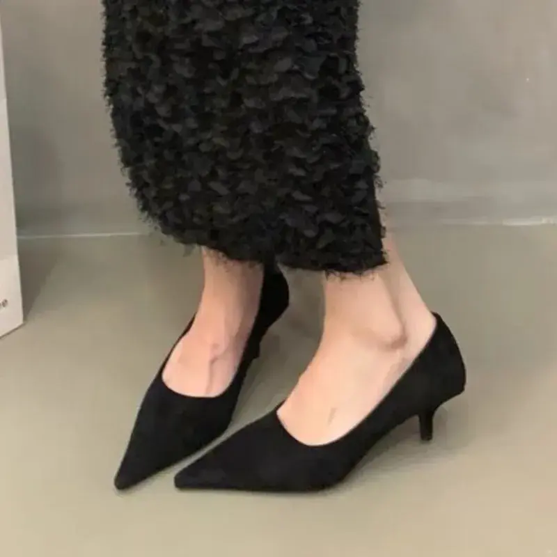 Women's Pumps Leopard Boat Shoes Pointed Toe Slip on Dress Shoes Black Faux Suede Mid Heels Stilettos Female Spring Autumn 1716C