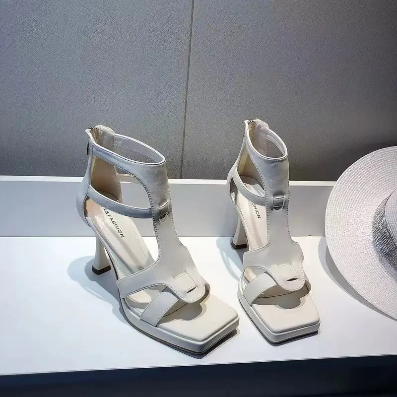 2024 Summer High Heels Women Sandals Square Toe Rome Shoes Sexy Retro Slippers Fashion Open Toe Flip Flops Mujer Slides Pumps