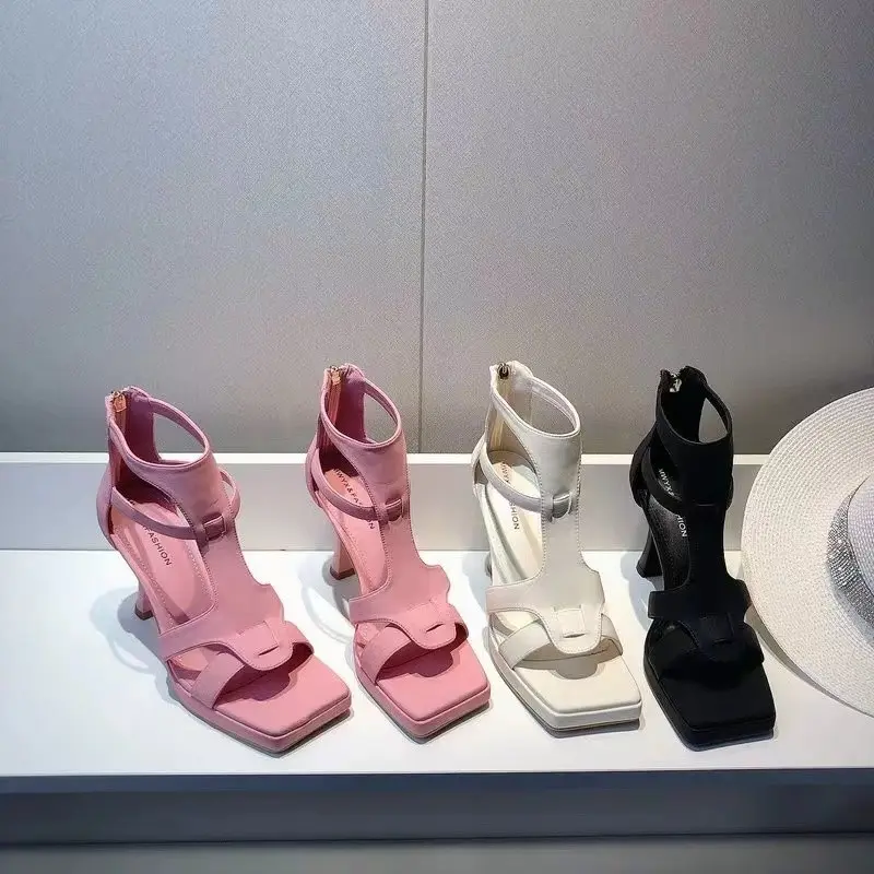 2024 Summer High Heels Women Sandals Square Toe Rome Shoes Sexy Retro Slippers Fashion Open Toe Flip Flops Mujer Slides Pumps