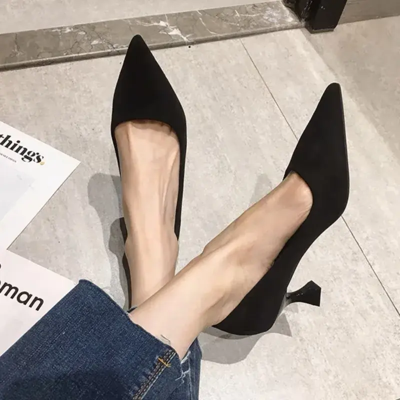 Women's Pumps Leopard Boat Shoes Pointed Toe Slip on Dress Shoes Black Faux Suede Mid Heels Stilettos Female Spring Autumn 1716C