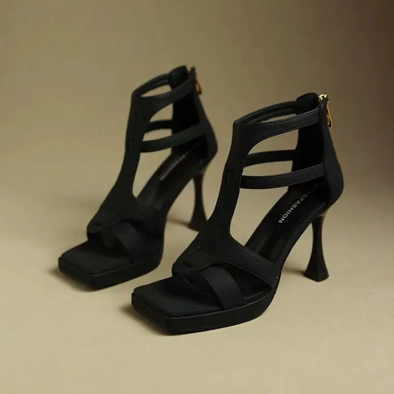 2024 Summer High Heels Women Sandals Square Toe Rome Shoes Sexy Retro Slippers Fashion Open Toe Flip Flops Mujer Slides Pumps