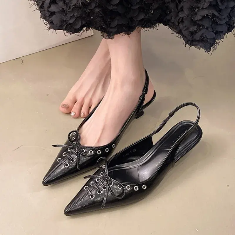 2025 New Summer French Black Pointed Bowknot Mid-heel Overhead Sandals for Women Elegance Skinny Heel Back Empty Shoes