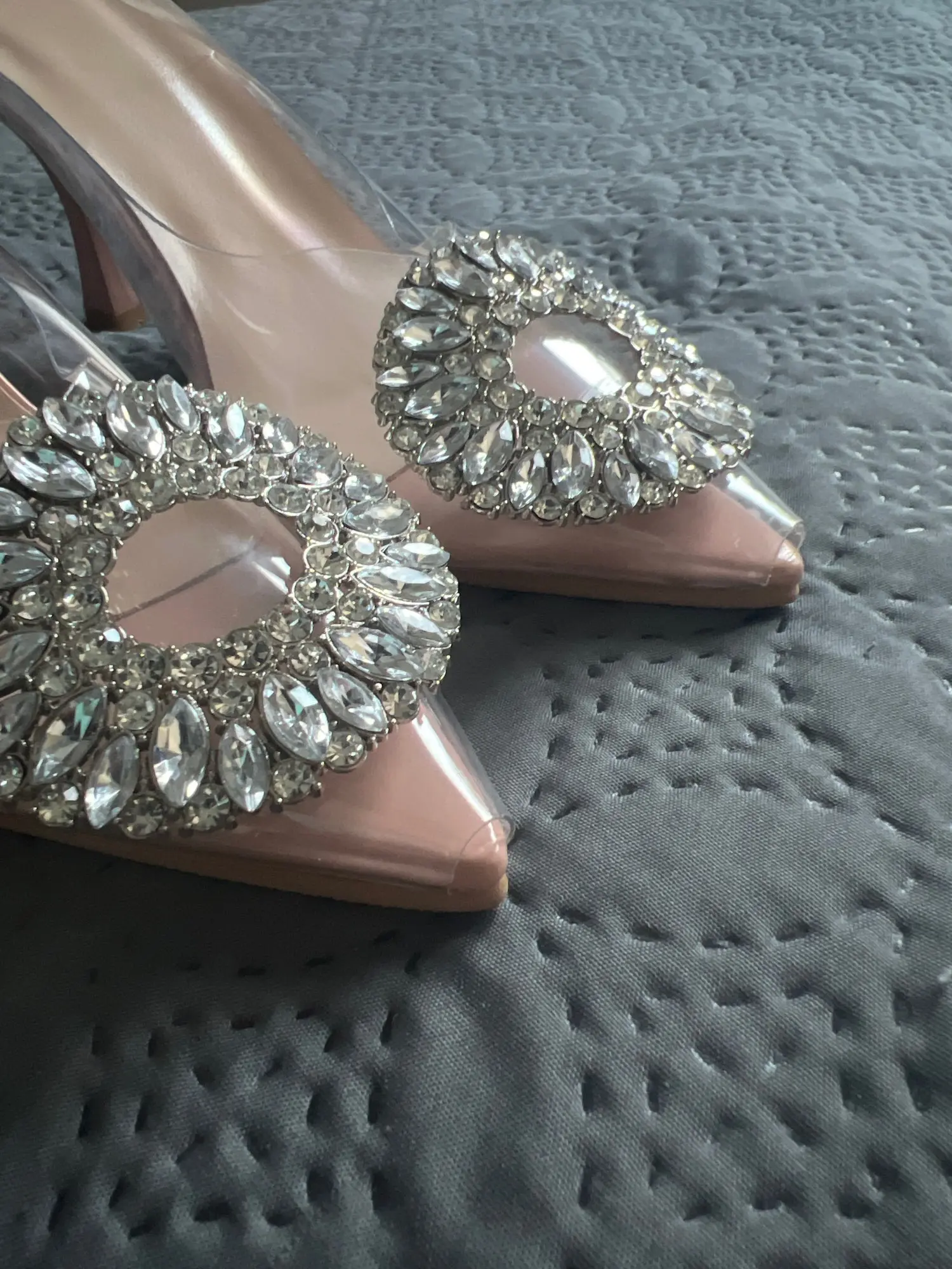 Women Sandals Beige Square Button Rhinestone Decorative Transparent High Heels Shoes 2023 Fashion Slingback Pumps Summer