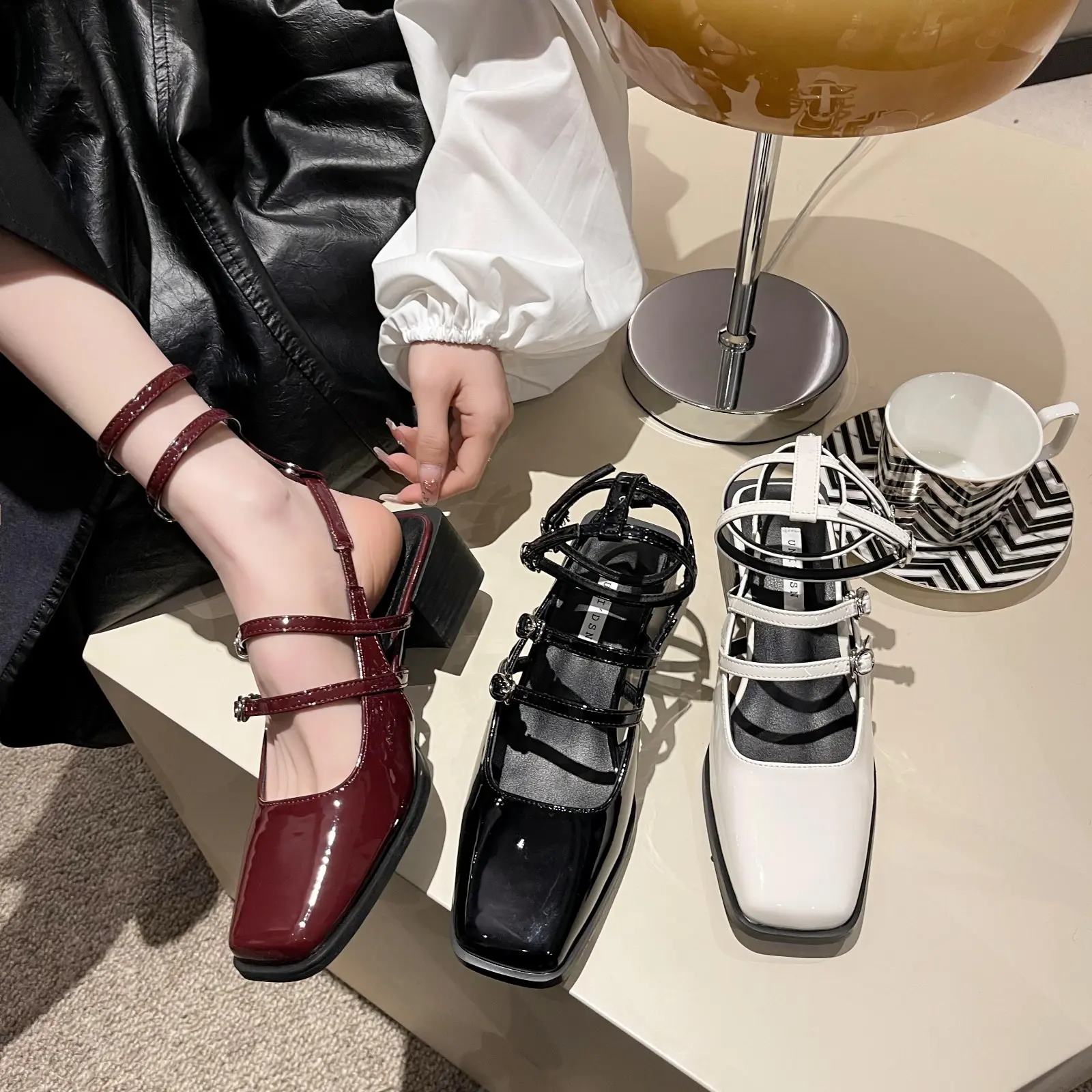 2025 Summer Design Women Sandal Fashion Narrow Band Dress Square Heel Shoes Ladies Outdoor Patent Leather Mary Jane Shoes