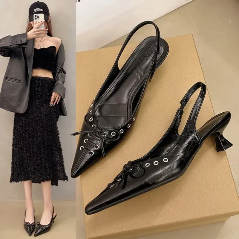 2025 New Summer French Black Pointed Bowknot Mid-heel Overhead Sandals for Women Elegance Skinny Heel Back Empty Shoes